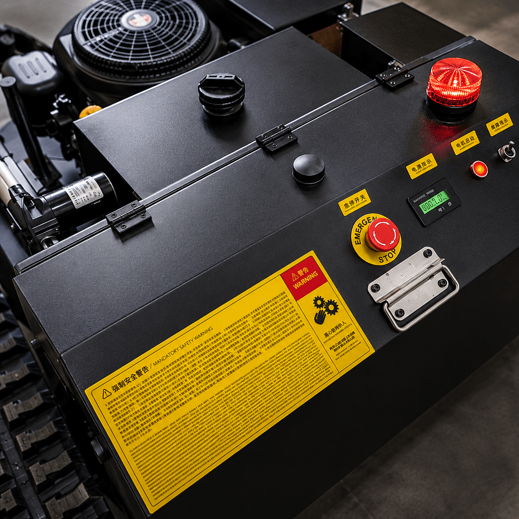 Integrated control box and battery compartment for remote mower